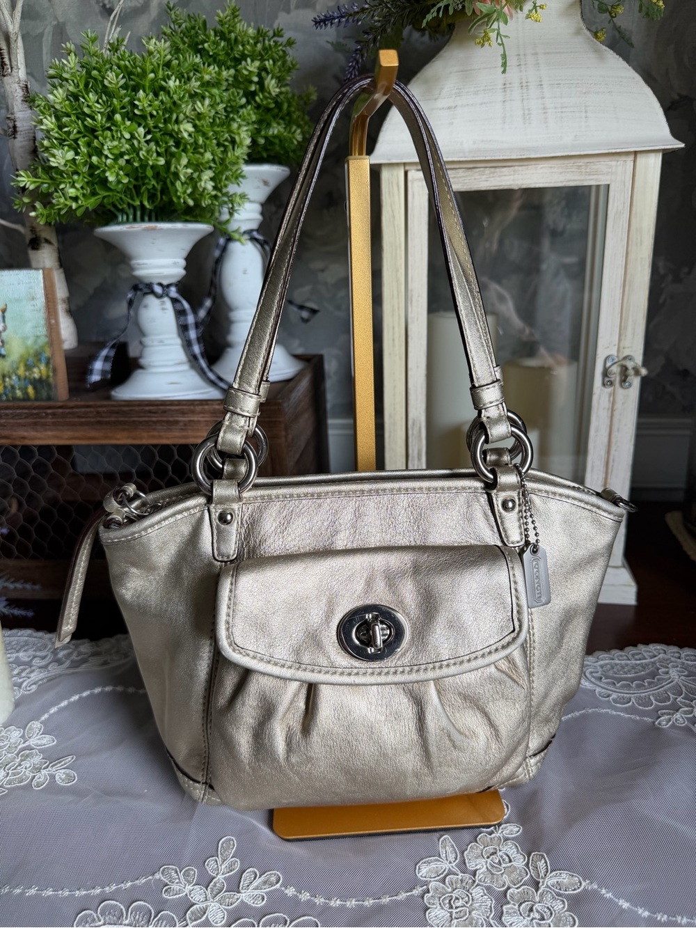Y2K Coach LEAH Metallic Gold Satchel Shoulder Bag Purse 13177